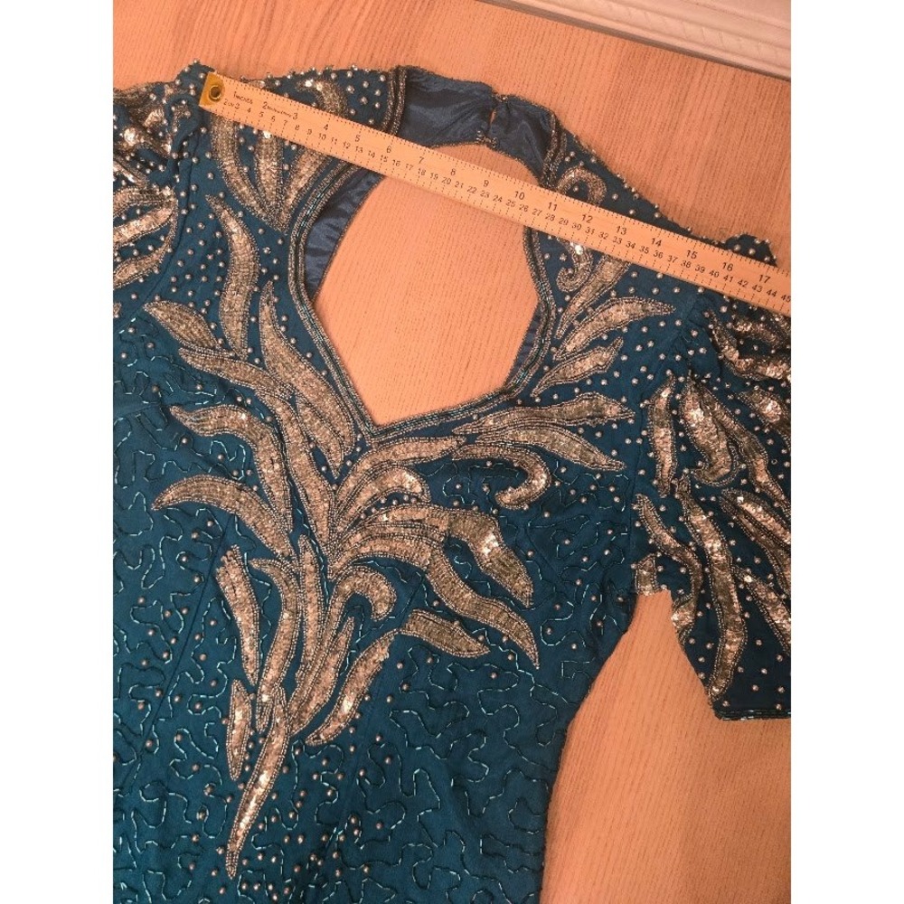 Vintage Silk Beaded Sequin Maxi Dress Teal Gold Keyhole Back Evening Gown Size L - Picture 8 of 13